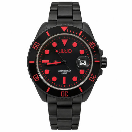 Orologio uomo Liu Jo TLJ2299 acciaio IP nero con quadrante nero e indici rossi, vista frontale.