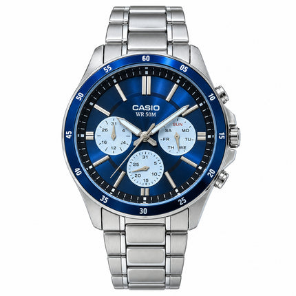 Orologio uomo Casio MTP-1374D-2A3VDF con quadrante blu e bracciale in acciaio, vista frontale