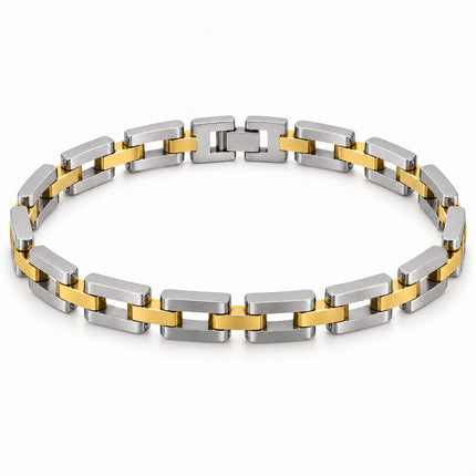 Bracciale in acciaio bicolore argento e oro 22 cm con maglie rettangolari, vista intera
