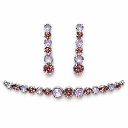 Set donna in acciaio con bracciale rosa e lilla iridescente e orecchini pendenti rosa e chiari da circa 4 cm.