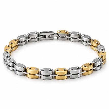Bracciale bicolore in metallo visto a tre quarti con maglie argentate e dorate
