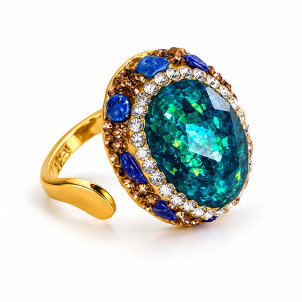  Anello rame dorato regolabile con cristallo verde e dettagli blu vista laterale