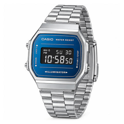 Casio A168WEM-2BEF con bracciale acciaio e finitura turchese vista prospettica