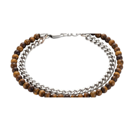 Dettaglio doppio filo con catena in acciaio e sfere occhio di tigre 2Jewels