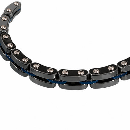 Maglie arrotondate con due perni argento e sottili collegamenti blu.