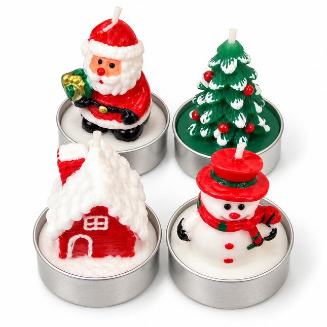 Set 12 Candele Natalizie Decorative Babbo Natale Albero Casetta Pupazzo Neve