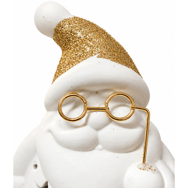 Babbo Natale con Luci Ceramica Bianco Oro 12 cm Glitter Batterie LR44 Incluse