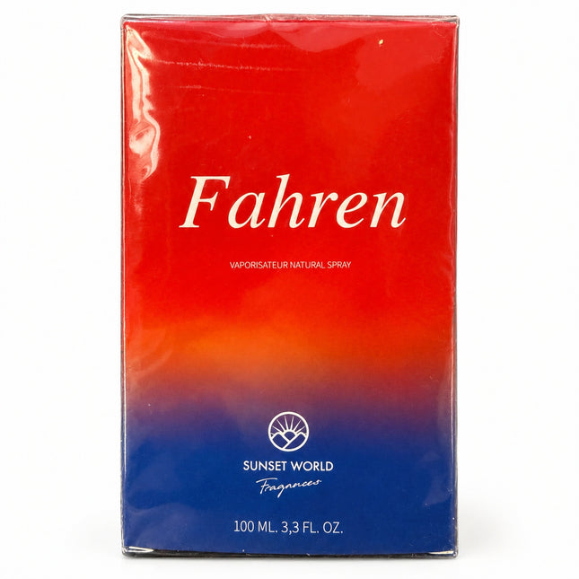 Dettaglio nome Fahren sulla confezione rossa e blu del profumo uomo Sunset World