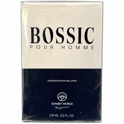 Dettaglio nome Bossic Pour Homme sulla confezione chiara e scura Sunset World