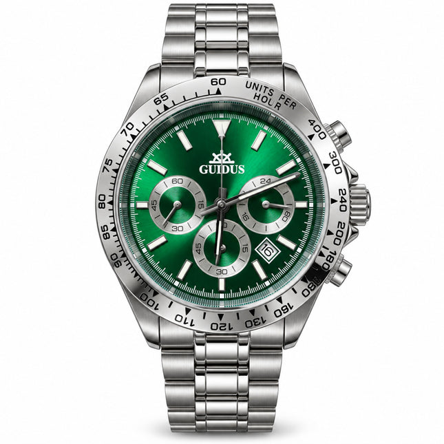 Orologio Uomo Guidus Cronografo Silver Data Quadrante Blu Verde Bianco