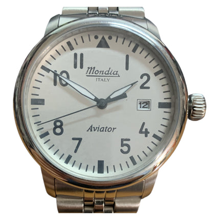 Quadrante bianco Mondia Aviator MI-780 con numeri arabi e datario