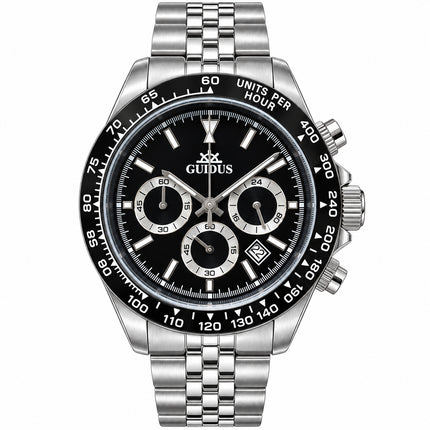 Orologio Uomo Guidus Cronografo Ghiera Ceramica Nera Data Quadrante Bianco Nero