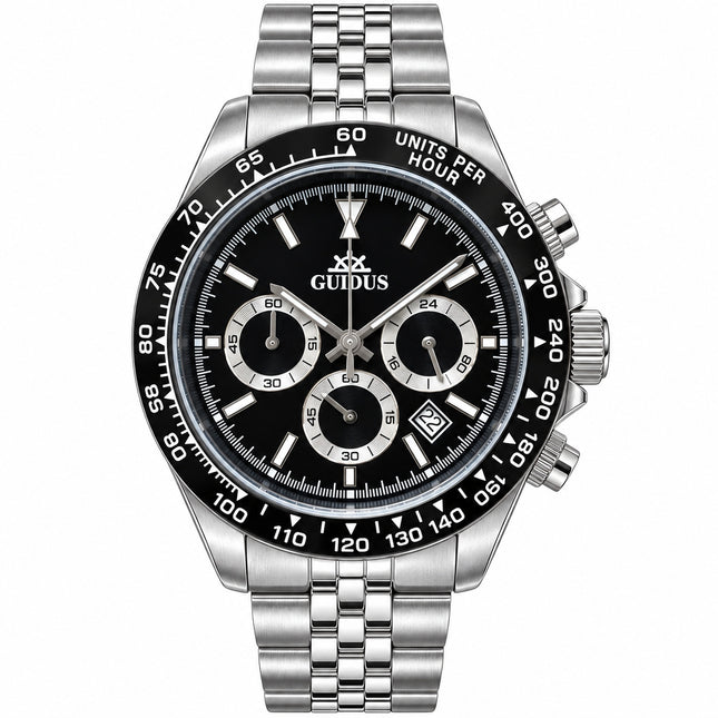 Orologio Uomo Guidus Cronografo Ghiera Ceramica Nera Data Quadrante Bianco Nero