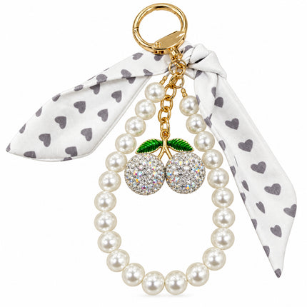 Portachiavi accessorio borsa con ciliegie strass cristallo perle e foulard a cuori