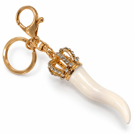 Portachiavi cornetto bianco portafortuna con moschettone e anello oro rosa