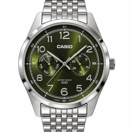 Casio MTP-E340D-3AVDF Orologio Uomo Verde Oliva Acciaio Giorno Data 50 m