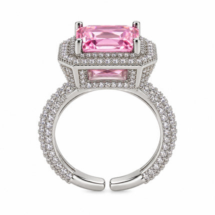 Anello donna regolabile con pietra rosa taglio smeraldo e gambo pavé vista laterale
