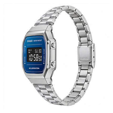 Profilo Casio Vintage digitale turchese con pulsanti laterali e bracciale acciaio