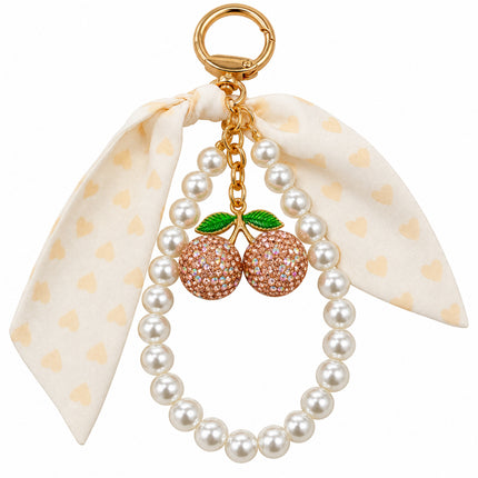 Portachiavi donna con ciliegie strass rosa perle e foulard avorio a cuori
