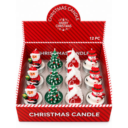 Set 12 Candele Natalizie Decorative Babbo Natale Albero Casetta Pupazzo Neve