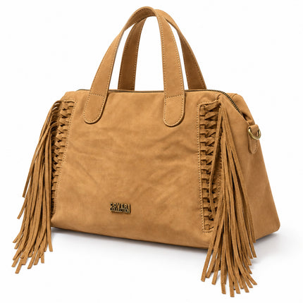 Borsa Coveri cammello vista a tre quarti con soffietto laterale e dettagli color ottone.