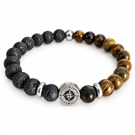 Bracciale a sfere nero e marrone-dorato visto a tre quarti con distanziatori color argento.