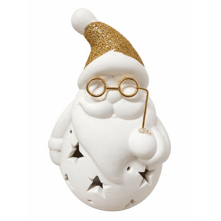 Babbo Natale con Luci Ceramica Bianco Oro 12 cm Glitter Batterie LR44 Incluse