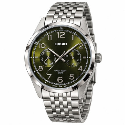 Casio MTP-E340D-3AVDF Orologio Uomo Verde Oliva Acciaio Giorno Data 50 m
