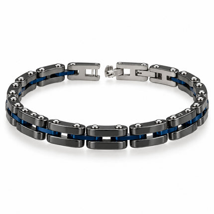 Bracciale tipo catena da moto visto a tre quarti.