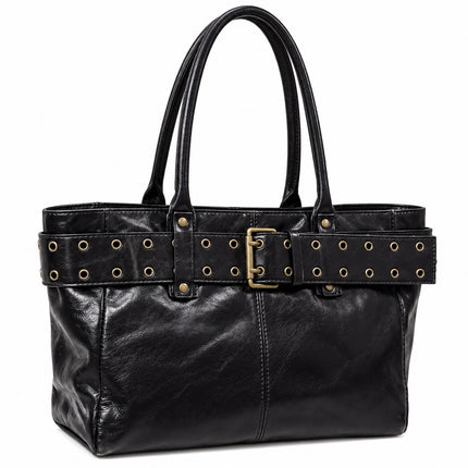 Borsa Donna Phil Firenze a Spalla Doppi Manici Cintura Occhielli Nero Marrone