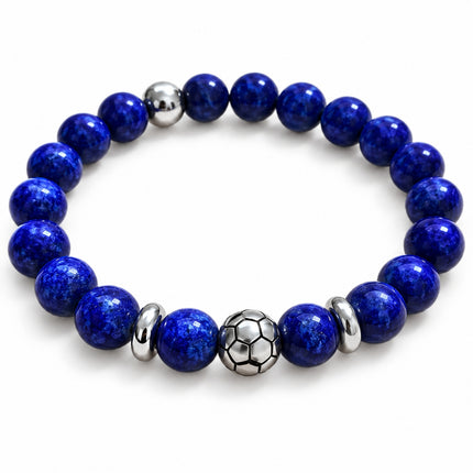 03-tre-quarti.jpg	Bracciale blu con pallone da calcio visto a tre quarti su sfondo bianco.