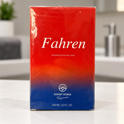 Profumo Fahren Sunset World 100 ml in confezione su ripiano chiaro, foto ambientata
