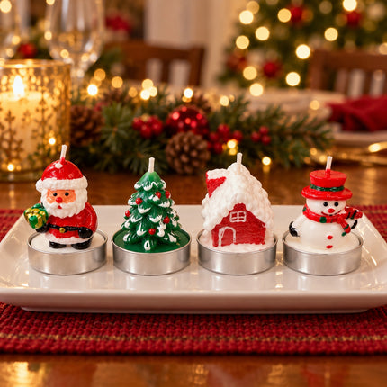 Set 12 Candele Natalizie Decorative Babbo Natale Albero Casetta Pupazzo Neve