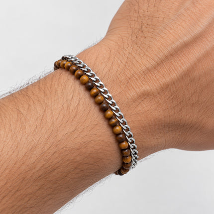 Bracciale uomo 2Jewels 232109 doppio filo occhio di tigre indossato al polso