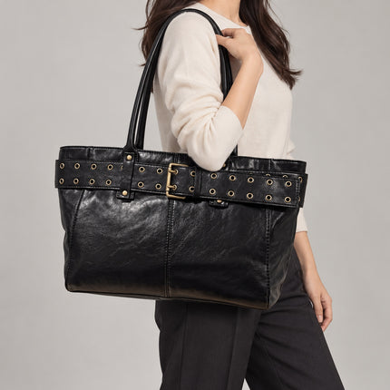 Borsa Donna Phil Firenze a Spalla Doppi Manici Cintura Occhielli Nero Marrone