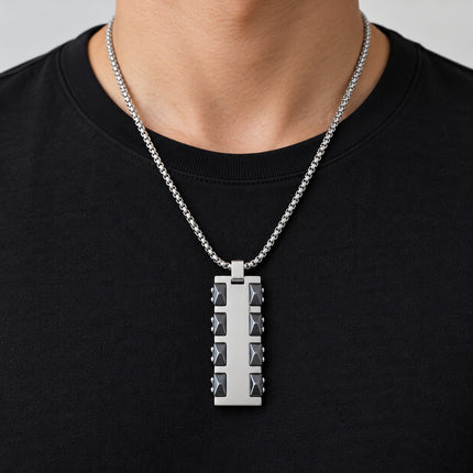 Collana Uomo Acciaio Piastrina Rettangolare 50 cm Dettagli Neri Silver Gold
