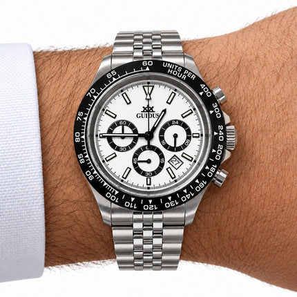 Orologio Uomo Guidus Cronografo Ghiera Ceramica Nera Data Quadrante Bianco Nero