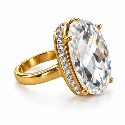 Anello Shelly cristallo bianco ovale con cristalli laterali, vista tre quarti