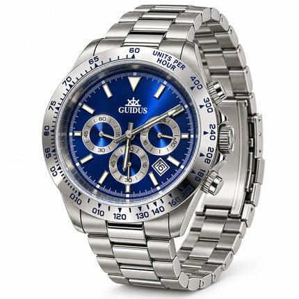 Orologio Uomo Guidus Cronografo Silver Data Quadrante Blu Verde Bianco