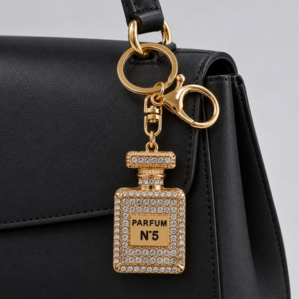 Portachiavi Donna Accessorio Borsa Metallo Dorato Flacone Cristalli N°5