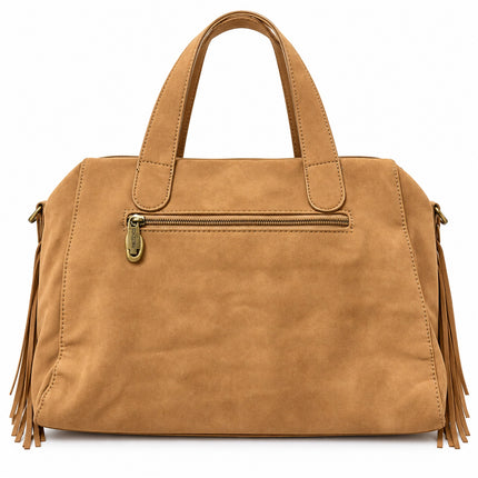 05-retro.jpg	Retro della borsa Coveri cammello con doppi manici e tasca esterna a cerniera.