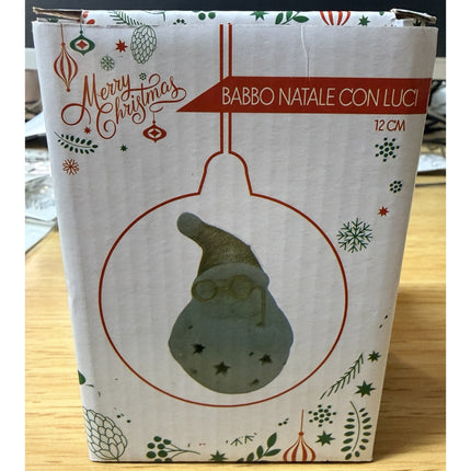 Babbo Natale con Luci Ceramica Bianco Oro 12 cm Glitter Batterie LR44 Incluse