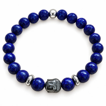 Bracciale elastico blu con testa di Buddha e dettagli color argento.