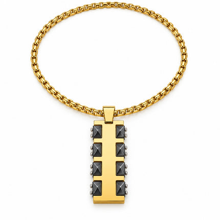 Collana Uomo Acciaio Piastrina Rettangolare 50 cm Dettagli Neri Silver Gold