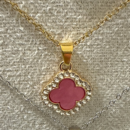 Collana Donna Acciaio Quadrifoglio Cristalli Oro Argento Portafortuna