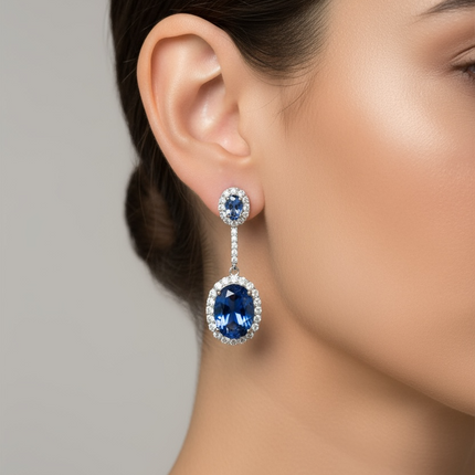 Orecchini Donna Shelly Pendenti Pavé Zirconi Blu Zaffiro Argento Silver