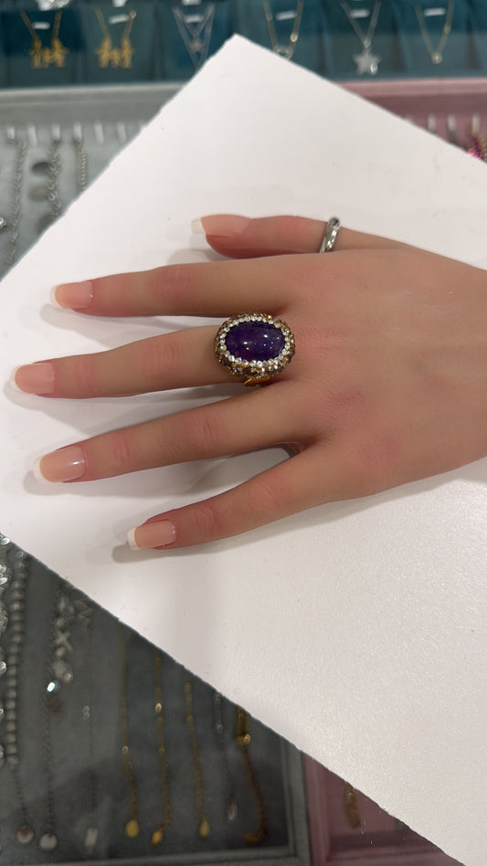 Anello Regolabile Donna in Rame con Pietra Colorata e Strass – Design Elegante Vintage
