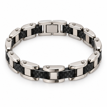 Bracciale da uomo color argento con maglie geometriche e inserti neri effetto carbonio
