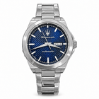 Orologio Maserati automatico uomo in acciaio con quadrante blu e datario, vista frontale.