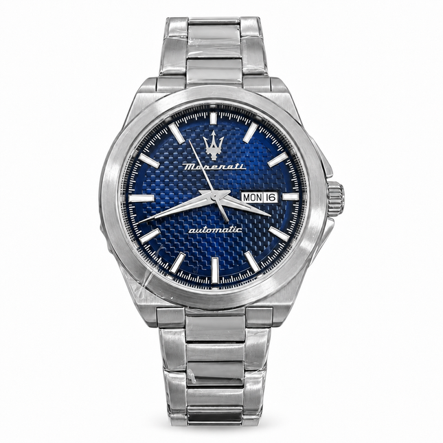 Orologio Maserati automatico uomo in acciaio con quadrante blu e datario, vista frontale.